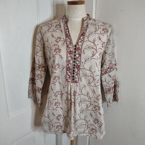 Vintage Fabindia Cotton V-Neck Button Front Tunic Floral Print Women's Size L